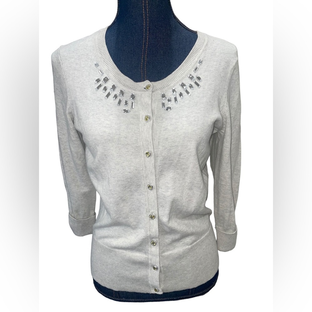 Black rivet light gray Jeweled Cardigan with cuffed sleeves. Size M. EUC.